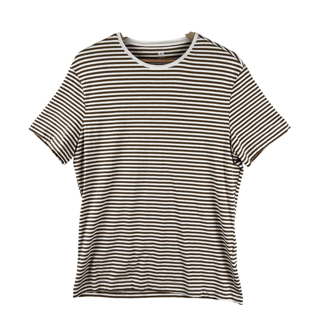 H&M Slim Fit Striped T-Shirt Mens L Brown White Crew Neck Casual Top